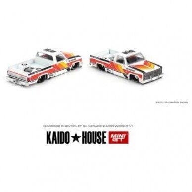 Mini GT Kaido House Modeliukas Chevrolet Silverado Kaido Works V1, white/yellow/orange (yra Sandėlyje)