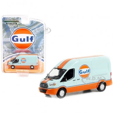 Greenlight Modeliukas 2019 Ford Transit LWB High Roof *Gulf Oil*, blue/orange (yra Sandėlyje)