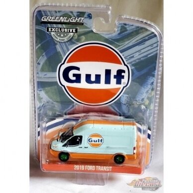 Greenlight Modeliukas CHASE 2019 Ford Transit LWB High Roof *Gulf Oil*, blue/orange CHASE