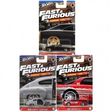 Hot Wheels Mainline Fast and Furious Best of Dominic Toretto Modeliukų rinkinys Mazda RX-7,Chevrolet Bel Air Havanna,Dodge Charger (yra Sandėlyje)