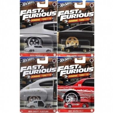 Hot Wheels Mainline Fast and Furious Best of Dominic Toretto Modeliukų rinkinys Mazda RX-7,Chevrolet Chevelle,Chevrolet Bel Air Havanna,Dodge Charger (yra Sandėlyje)