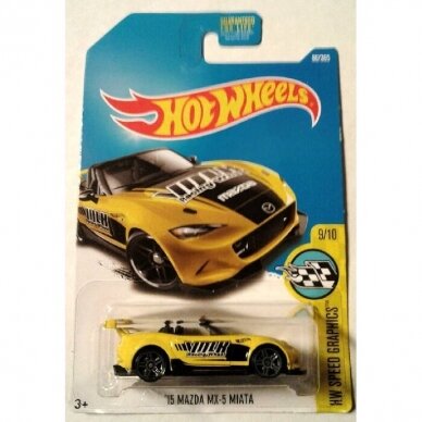 Hot Wheels Mainline Modeliukas 15 Mazda MX-5 Miata Yellow Speed Graphics Long Card (yra Sandėlyje)