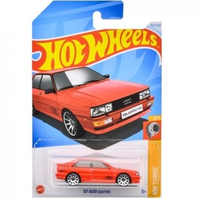 Hot Wheels Mainline Modeliukas 87 Audi Quattro red Long Card (kortelė 6/10) (yra Sandėlyje)