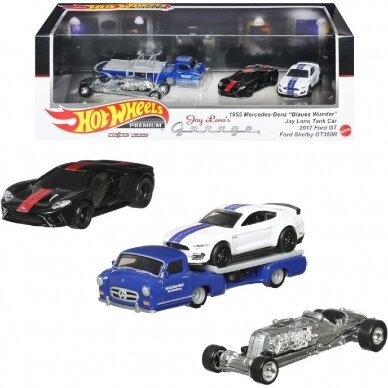 PRE-ORD3R Hot Wheels Premium Jay Leno Garage Diorama Modeliukas 1955 Mercedes-Benz "Blaues Wunder" Renntransporter, Jay Leno Tank Car, 2017 Ford GT, Ford Shelby GT350R