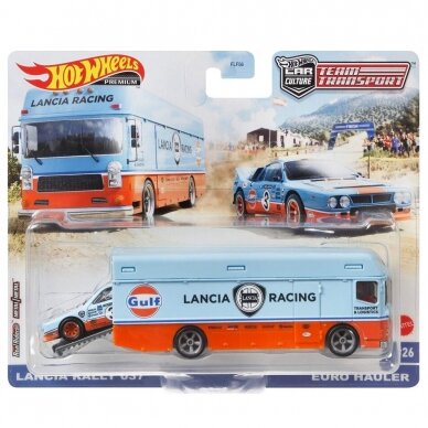 Hot Wheels Premium Team Transport Modeliukas Euro Hauler Lancia Racing *Gulf* & Lancia Rally 037 *Gulf*