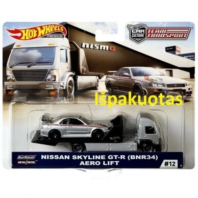 Hot Wheels Premium Team Transport Modeliukas Nissan Skyline GT-R (BNR34) & Aero Lift Truck (IŠPAKUOTAS)