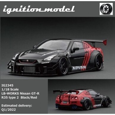 Ignition Models Modeliukas 1/18 LB-WORKS Nissan GT-R R35 type 2 *Advan*, black/red (yra Sandėlyje)