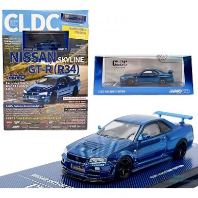 Inno64 x CLDC 1/64 Nissan Skyline GT-R R34 Chrome Blue Carbon Fiber with Magazine China Exclusive