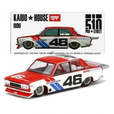 Mini GT Kaido House Modeliukas Kaido House Datsun 510 Pro Street BRE510 V2 #46, red/white/blue with 8 spoke rims (yra sandėlyje)