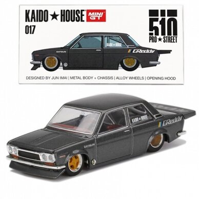 Mini GT Kaido House Modeliukas Kaido House Datsun 510 Pro Street *Greddy*, gun metal grey (be plėvelės) (yra sandėlyje)