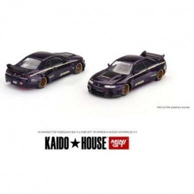 Mini GT Kaido House Modeliukas Nissan Skyline GT-R R33 Kaido Works V1, black/purple metallic (yra Sandėlyje)