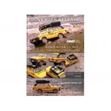 PRE-ORD3R Inno64 1982 Range Rover *Camel Trophy* with 1 Tool Box & 4 Fuel Tanks on the Rood Rack included, camel yellow with after race dirt effects