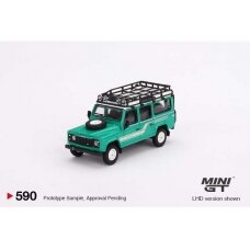 PRE-ORD3R Mini GT 1985 Land Rover Defender 110 County Station Wagon, trident green with white roof