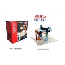 PRE-ORD3R American Diorama 2 Post Lift with Oil Drainer & Mechanic figure, light blue (Car Not Included !!)