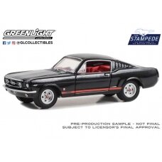 PRE-ORD3R GreenLight Modeliukas 1965 Ford Mustang GT *The Drive Home to the Mustang Stampede Series 1*, raven black with red stripes