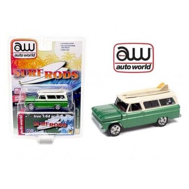 PRE-ORD3R Auto World 1965 Chevrolet Suburban with Surfboard, green/white