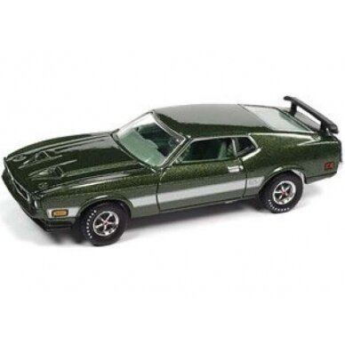 PRE-ORD3R Auto World 1973 Ford Mustang Mach 1, ivy gloss poly with silver Side Stripes