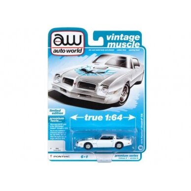 PRE-ORD3R Auto World 1976 Pontiac Firebird T/A, cameo white with blue & black bird hood graphic