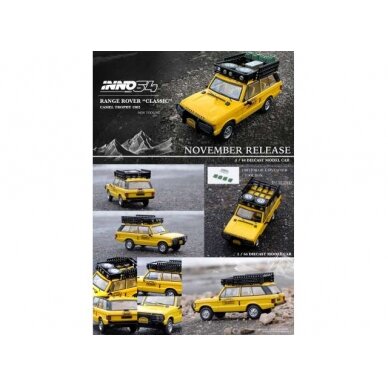 PRE-ORD3R Inno64 1982 Range Rover *Camel Trophy* with 1 Tool Box & 4 Fuel Tanks on the Rood Rack included, camel yellow