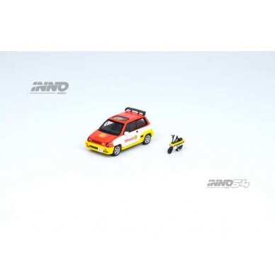 PRE-ORD3R Inno64 Modeliukas 1984 Honda City Turbo II *SHELL*, white version with SHELL Motocompo, yellow/white/red