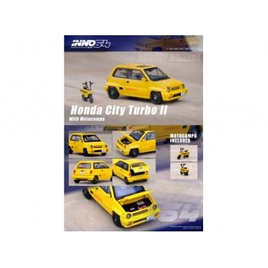 PRE-ORD3R Inno64 Modeliukas 1984 Honda City Turbo II, yellow version with white Motocompo