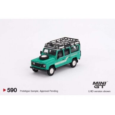 Mini GT Modeliukas 1985 Land Rover Defender 110 County Station Wagon, trident green with white roof