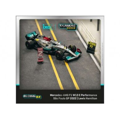 Tarmac Works Modeliukas 2022 Mercedes AMG F1 W13 EQ Performance #44 Lewis Hamilton Sao Paulo Grand Prix, silver/turquoise