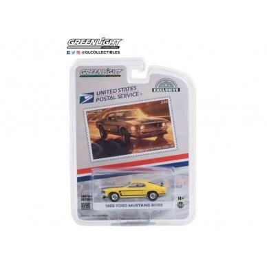 PRE-ORD3R GreenLight Modeliukas 1969 Ford Mustang Boss 302 United States Postal Service (USPS) *2022 Pony Car Stamp Collection by Artist Tom Fritz*