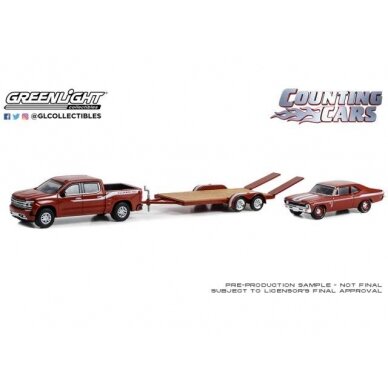 GreenLight Modeliukas 2020 Chevrolet Silverado High Country with 1969 Chevrolet Nova Yenko SC 427 on Flatbed Trailer (Counting Cars 2012-Present TV Series) *Hollywood Hitch & Tow Series 12*, red