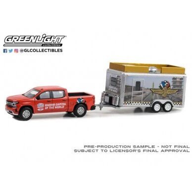 GreenLight Modeliukas 2023 Chevrolet Silverado and Indianapolis Motor Speedway Trailer, red/silver