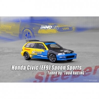 Inno64 Modeliukas Honda Civic (EF9) Spoom Livery Tuned by *Tods Racing Japan*, yellow/blue (yra Sandėlyje)