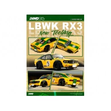 Inno64 Modeliukas 1/64 LBWK Mazda RX3 Savanna, yellow/green (yra Sandėlyje)