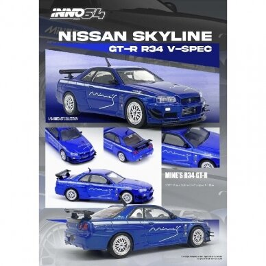 PRE-ORD3R INNO64 1/64 Nissan Skyline GT-R (R34) V-Spec Tuned by *Mine`s*, blue