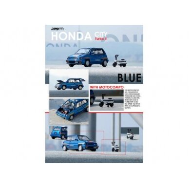 PRE-ORD3R Inno64 Modeliukas 1984 Honda City Turbo II, blue version with white Motocompo