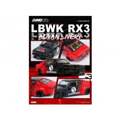 PRE-ORD3R Inno64 Modeliukas LBWK Mazda RX3 Savanna *Advan Livery*, black/red