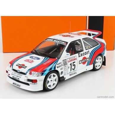 PRE-ORD3R IXO Models 1/18 1994 Ford Escort RS Cosworth #15 Rally San Remo Wilson/Thomas, white/red/blue