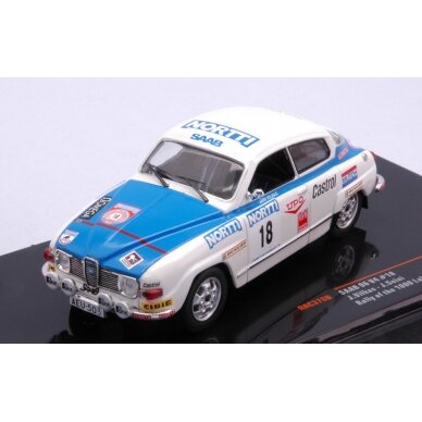 PRE-ORD3R IXO Models 1/43 1976 Saab 96 V4 #18 1000 Lakes Rally Vilkas/Soini, white/blue