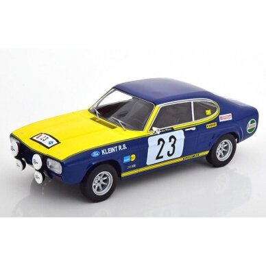 PRE-ORD3R MCG Modeliukas 1/18 1972 Ford Capri MK I 2600 GT #23 Olympia Rally, W.Rohrl/H.Rothfuß, yellow/blue