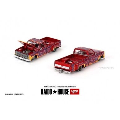 Mini GT Kaido House 1/64 1980 Chevrolet Silverado Dually on Fire V1, red