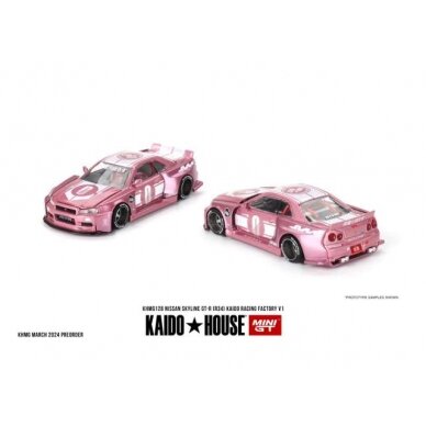 Mini GT Kaido House Modeliukas 1/64 1999 Nissan Skyline GT-R (R34) Kaido Racing Factory V1, pink (yra Sandėlyje)