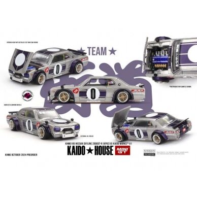 PRE-ORD3R Mini GT Modeliukas 1/64 1969 Nissan Skyline GT-R (KPGC10) Kaido Works V1, silver/purple