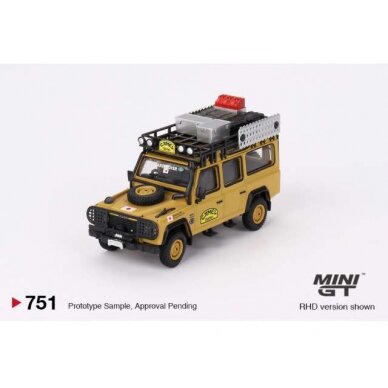 PRE-ORD3R Mini GT 1/64 1989 Land Rover Defender 110, Amazon Team Japan Camel Trophy, yellow