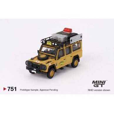 PRE-ORD3R Mini GT Modeliukas 1/64 1989 Land Rover Defender 110, Amazon Team Japan Camel Trophy, yellow
