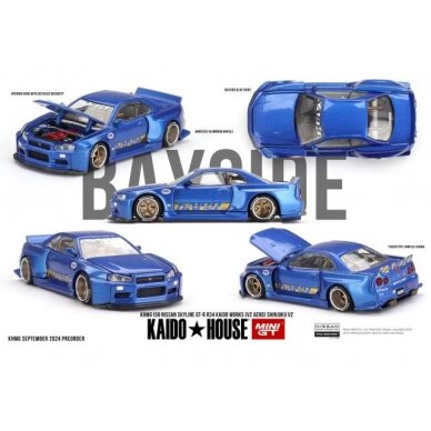 PRE-ORD3R Mini GT 1/64 1999 Nissan Skyline GT-R (R34) Kaido Works (V2 AERO) Shinjuku V2, blue