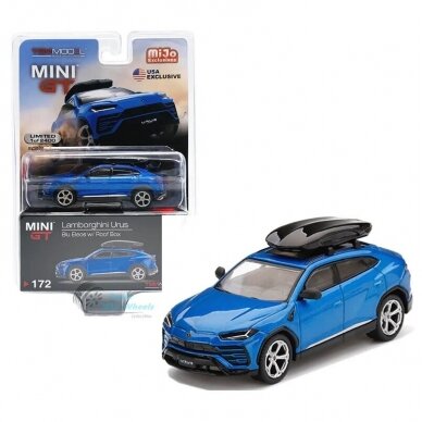 PRE-ORD3R Mini GT 1/64 Lamborghini Urus, blue eleos with Roof Box