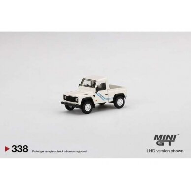 PRE-ORD3R Mini GT 1/64 Landrover Defender 90 pick-up, white/blue stripes