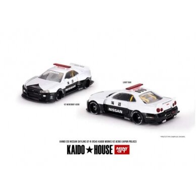 Mini GT Modeliukas 1999 Nissan Skyline GT-R (R34) Kaido Works V2 Aero, white/black (yra Sandėlyje)