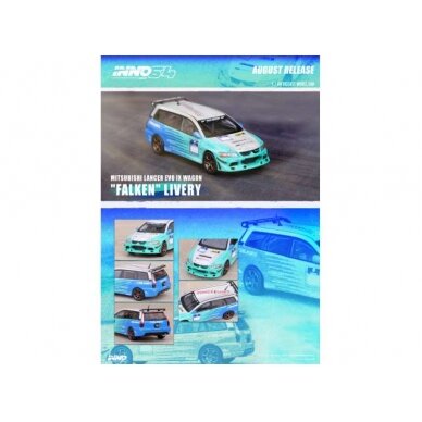 PRE-ORD3R Inno64 Modeliukas Mitsubishi Lancer Evolution IX Wagon *Falken Tires*, grey/green/blue