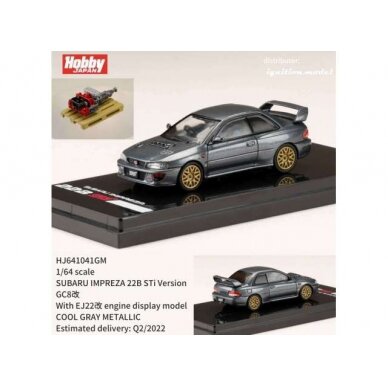 PRE-ORD3R Hobby Japan Modeliukas LHD Subaru Impreza 22B STi Version (GC8) With EJ22 Engine Display Model, cool grey metallic