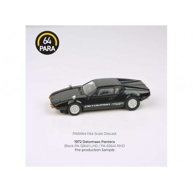 PRE-ORD3R Para64 Modeliukas 1/64 1972 De Tomaso Pantera, black left hand drive (cars in a deluxe Acrylic window box)